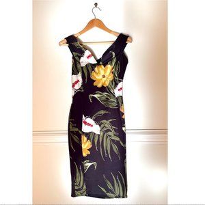 Black Tropical Floral Off-Shoulder Sheath Midi Dress